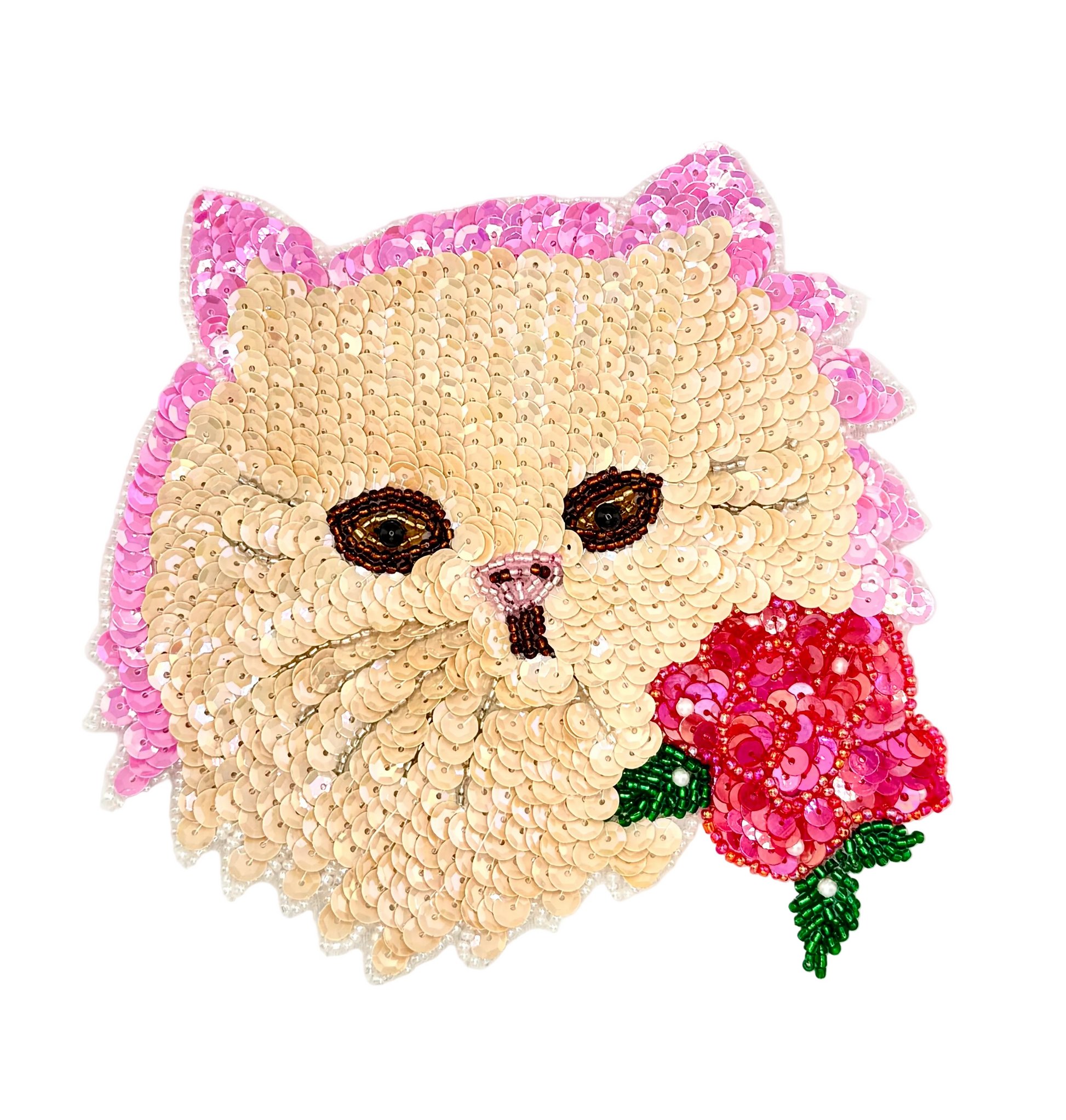 Sequined cat face with pink hair and a pink flower on a white background