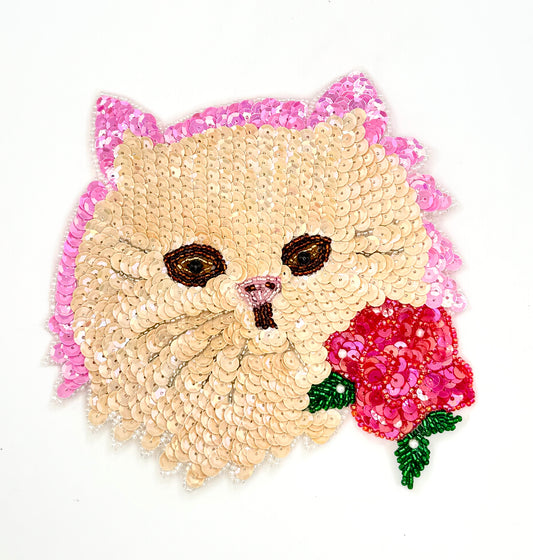 Cat Face with Rose - Iridescent Beige, Pink and Red Sequins with White, Green, Iridescent Red, Silver and Gold Beads -Pearl Accents 6" x 6"