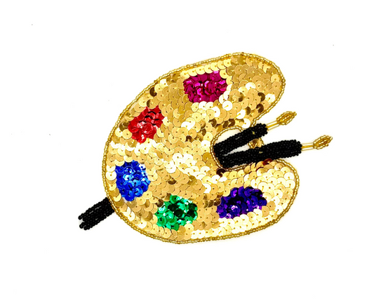 Aplique Paleta de Artista - Lentejuelas Doradas/Multicolor - Cuentas Negras/Doradas 6"x 4.25"