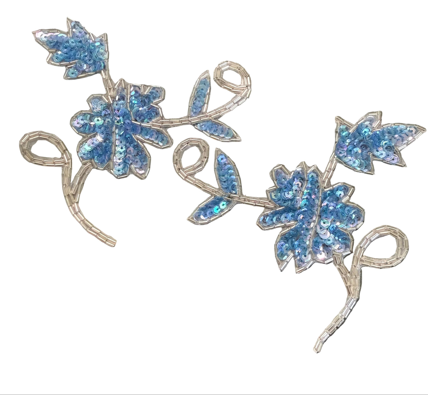 Flower Pair Appliqué  - Six Different Color Choice Sequins - Silver Beads 5" x 4.5"