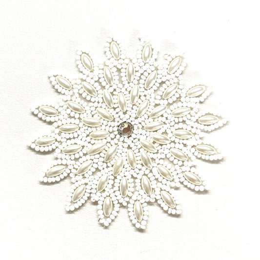 White Pearl & Bead Flower Appliqué with Rhinestone Center – 3.25" x 3.25"