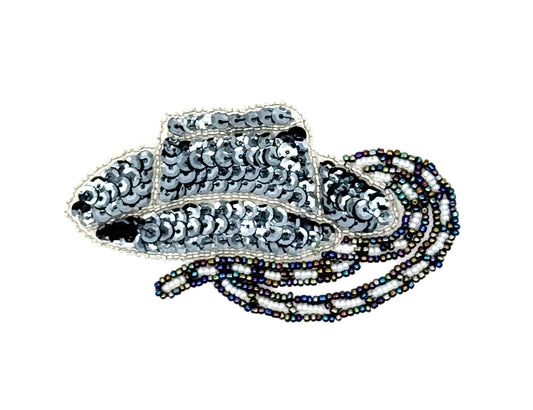 Cowboy Hat with Grey Sequins and Moonlight, Silver and White Beads 4" x 2.5"