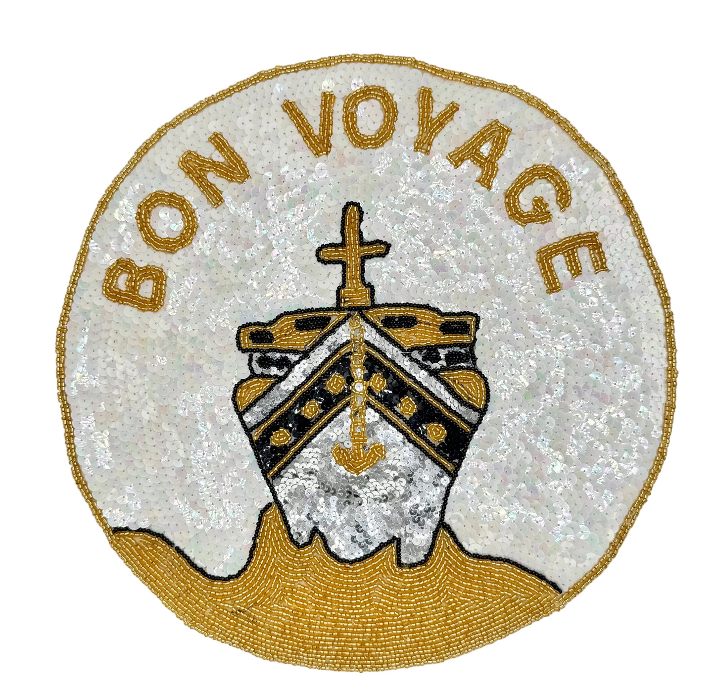 Parche "Bon Voyage" con Barco - Lentejuelas Blancas/Plateadas/Negras - Cuentas Doradas/Negras 28 cm