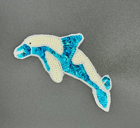 Dolphin with Turquoise and Cream Sequins and White Beads 5.75" x 3"