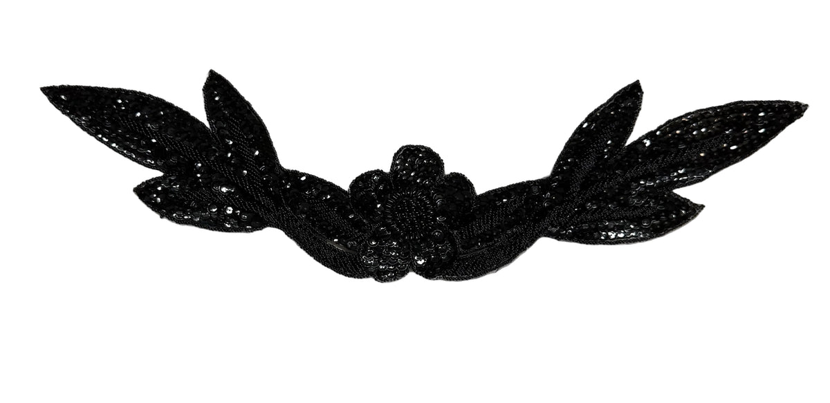 Black Sequin Floral Neckline Appliqué with Black Glass & Pearl Beads — 17" x 4"