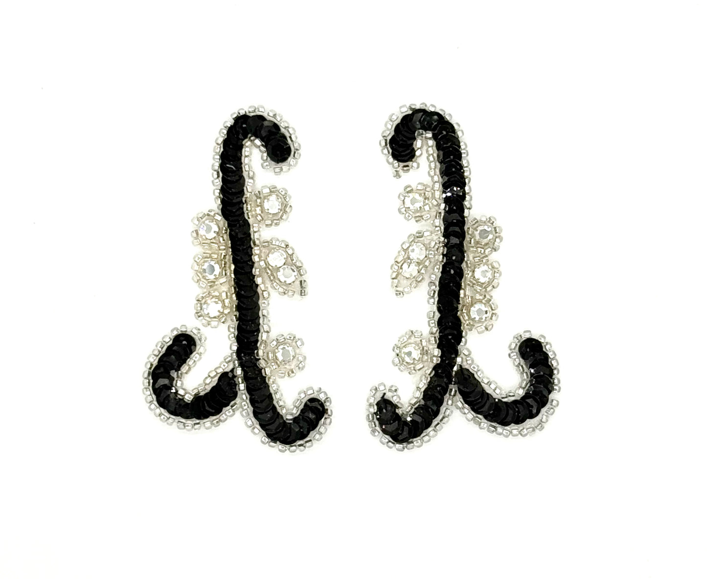 Designer Motif Pair - Black Sequins - Silver Beads - Rhinestones 3.5" x 2"