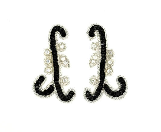 Par de motivos de diseño - Lentejuelas negras - Cuentas plateadas - Diamantes de imitación 3.5" x 2"
