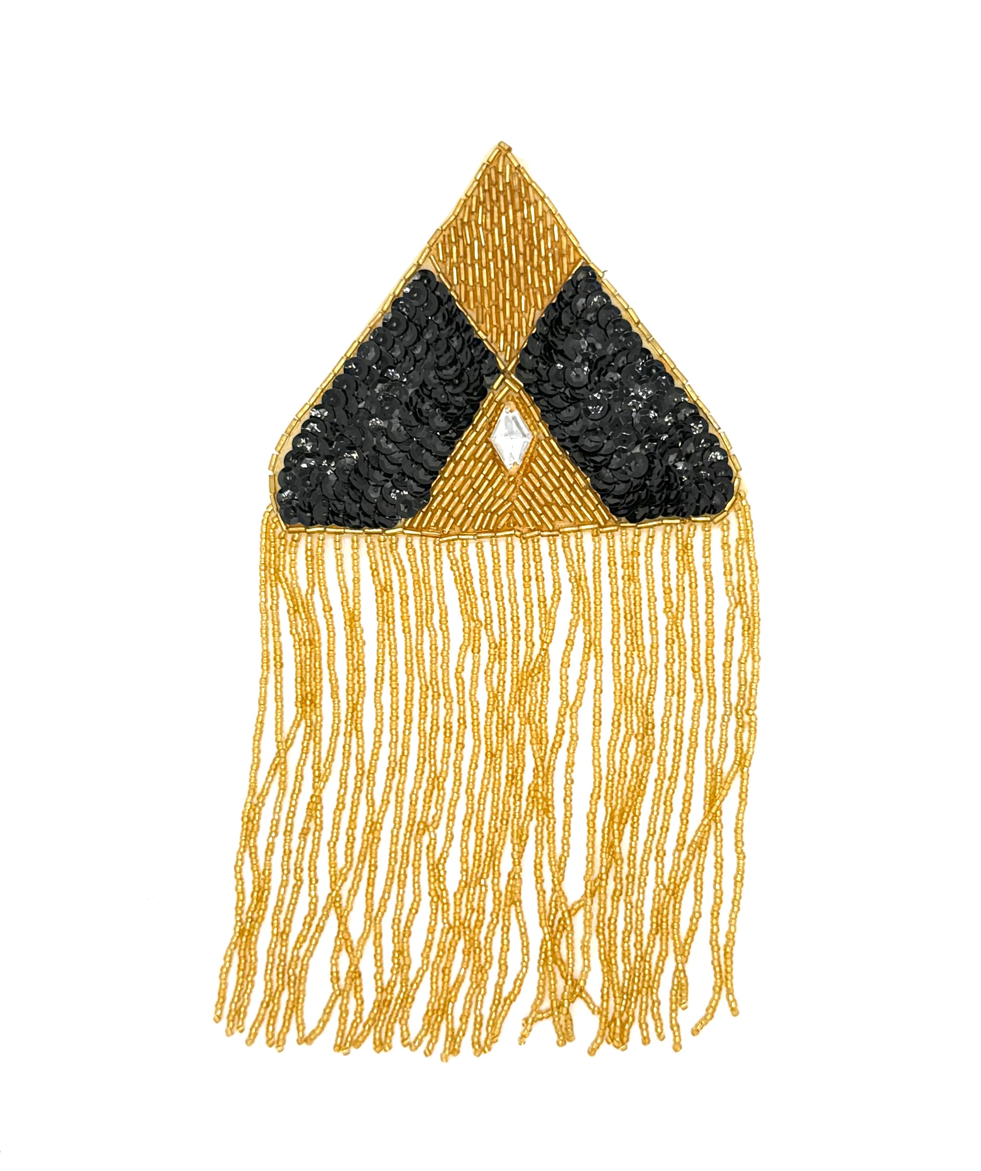 Decorative epaulet with gold fringe and black and gold triangular center on a white background