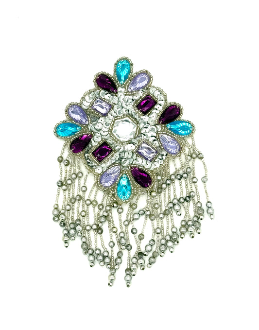 Epaulet Silver Sequins/Beads - Multicolored Stones 7”x 4.5 “