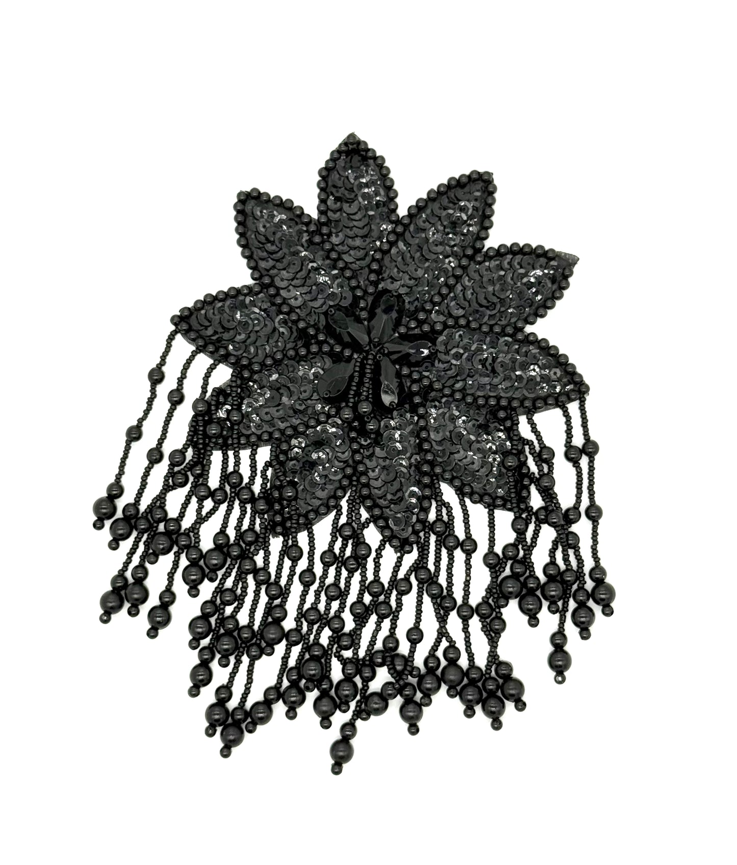 Epaulet Flower - Black Sequins/Beads - Teardrop Shape Black Rhinestones  8”x 5.5”