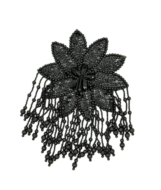 Epaulet Flower - Black Sequins/Beads - Teardrop Shape Black Rhinestones  8”x 5.5”