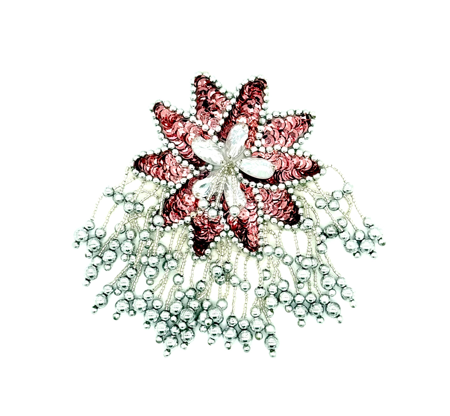 Flor de charretera - Lentejuelas malvas - Cuentas plateadas - Piedras centrales transparentes 15,24 cm x 10,16 cm