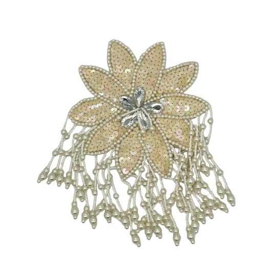 Epaulet Flower - Beige Sequins -White Beads - Teardrop Shape Clear Rhinestones 8" x 5.5"