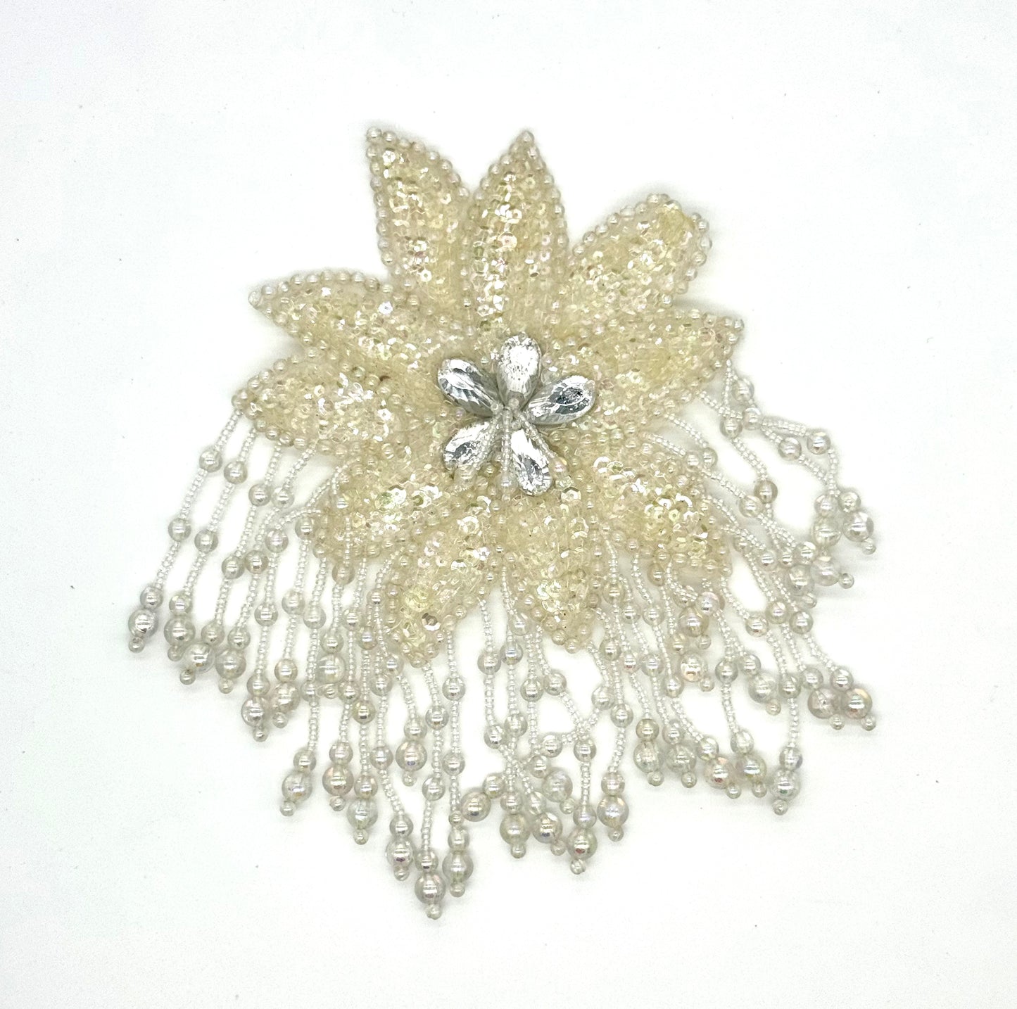 Epaulet Flower - Iridescent Sequins - White/Iridescent Beads - Teardrop Shape Clear Rhinestones -Choice of Size: 8" x 5.5" or 6”x 4”