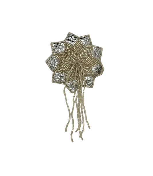 Epaulet Flower Drop - Silver Sequins/Beads 5.5" x 3"