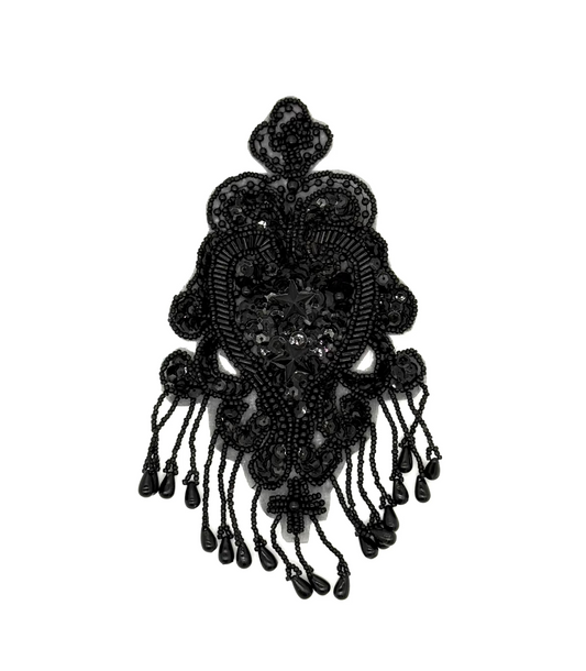 Epaulet -Black Sequins/Beads - Center Black Stone Stars 7.5" x 4"