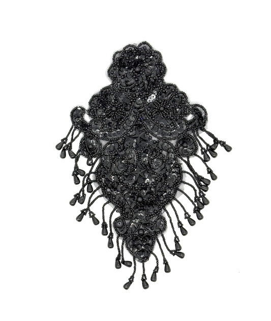 Epaulet - Black Sequins - Black Beads - Center Black Stone Stars 9’x 5”