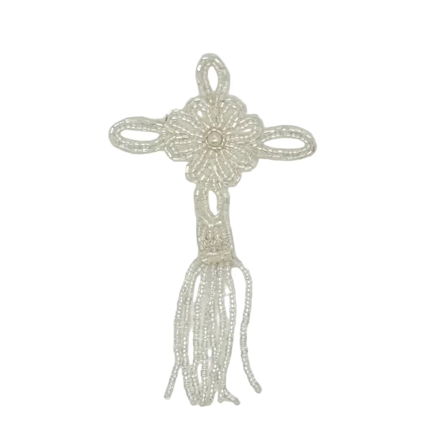 Epaulet Cross - Silver/Iridescent Beads - Fringe - Pearl  5" x 3"