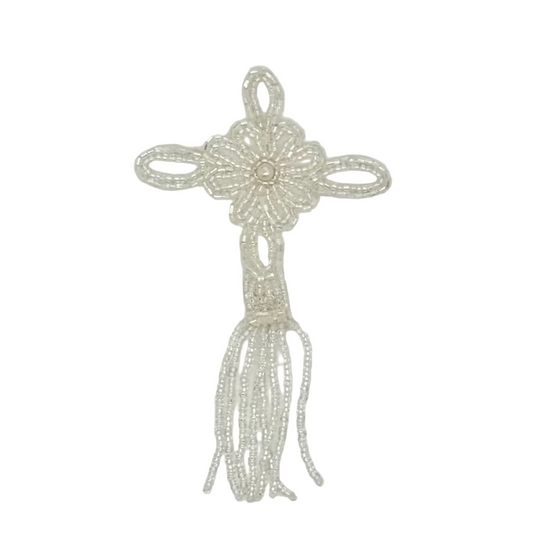 Epaulet Cross - Silver/Iridescent Beads - Fringe - Pearl  5" x 3"