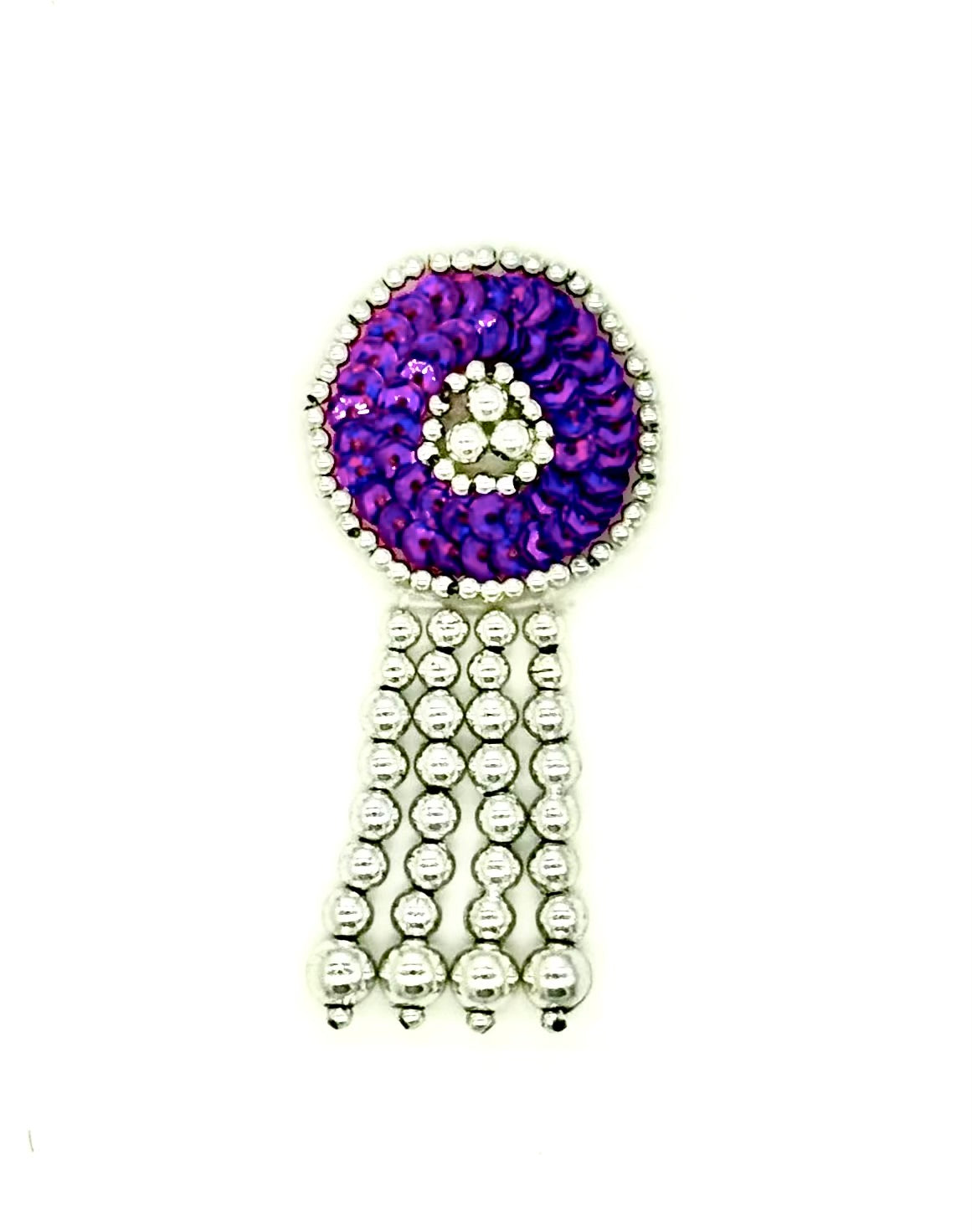 A sequin and bead patch featuring a circular top with purple hologram sequin center, surrounded by a silver beaded border, with a dangling fringe of silver beads below.