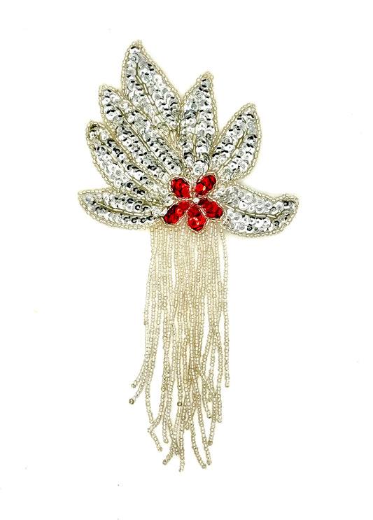 Epaulet Flower - Red Center Sequins - Silver Sequins/Beads 8.5" x 4"