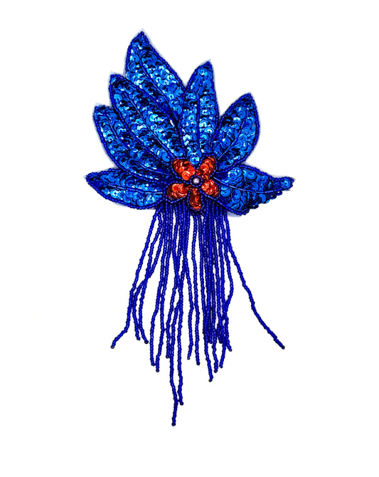 Epaulet Flower - Red Center Sequins - Royal Blue Sequins/Beads 8.5" x 4"