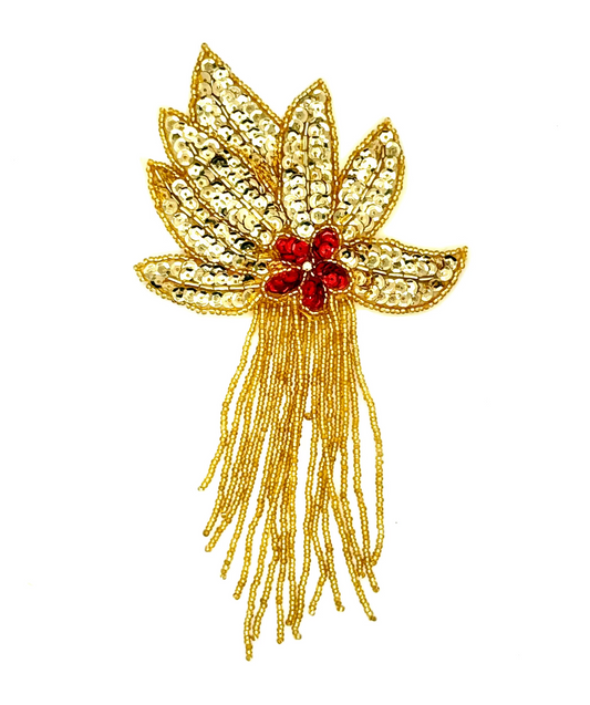 Epaulet Flower - Red Center Sequin - Gold Sequins/Beads 8.5" x 4"