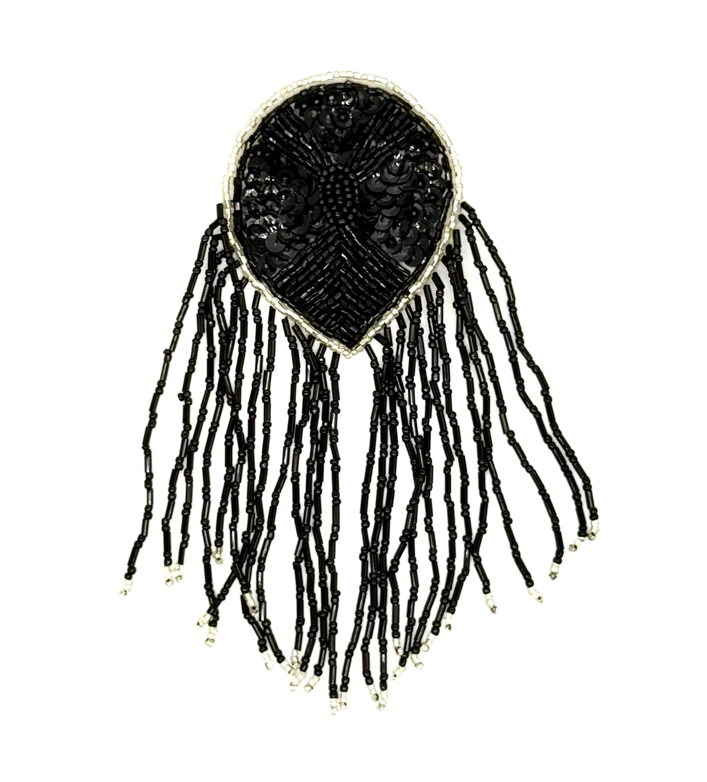 Epualet - Lentejuelas/Cuentas Negras - Flecos - Ribete de Cuentas Plateadas 17.78 cm x 6.35 cm