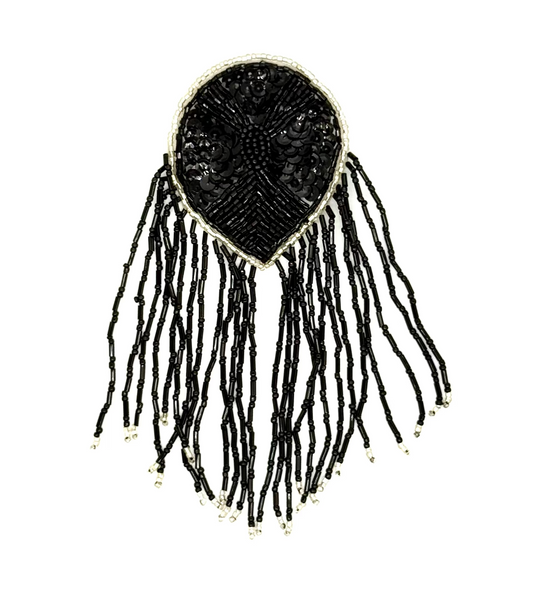 Epualet - Black Sequins/Beads - Fringe -Silver Beaded Trim 7" x 2.5"