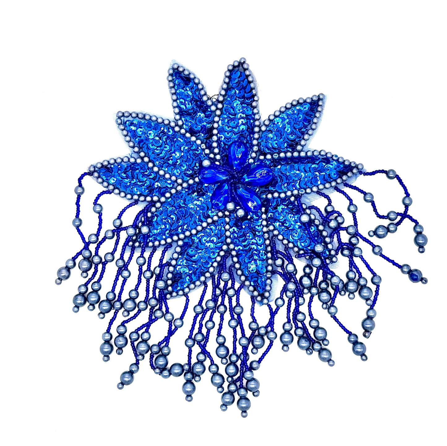 Blue decorative epaulet with bead embellishments on a white background