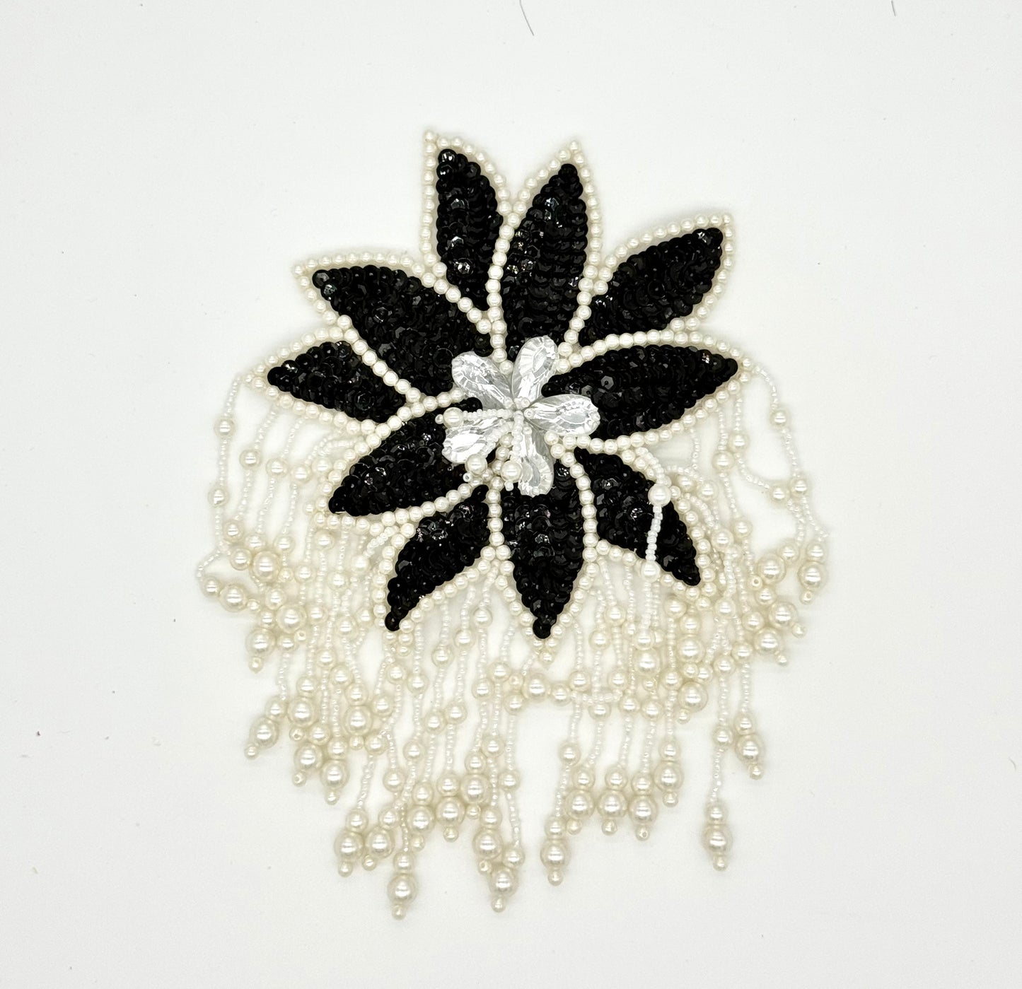Epaulet Flower - Black Sequins - White Beads - Pearls - Teardrop Shape Clear Rhinestones 8”x 5.5