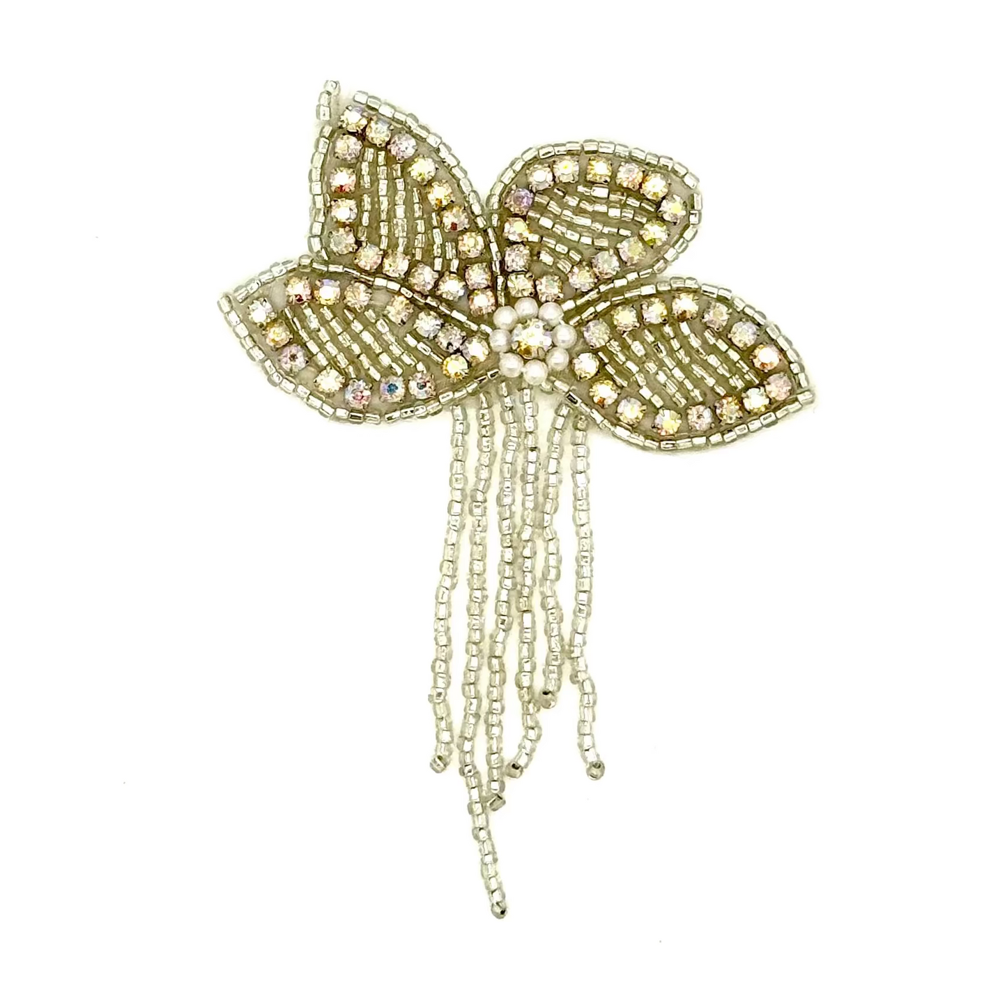 Epaulet Flower - Rhinestones - Pearls - Silver Beaded Fringe 5" x 3.5"