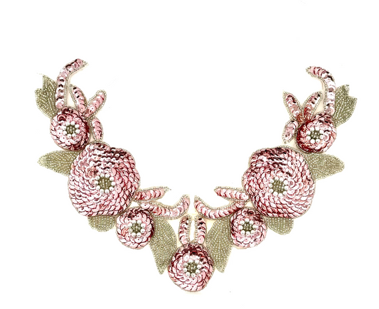 Designer Motif Flower Neckpiece - Mauve Sequins - Silver Beads - 10”x 7” pre-glued