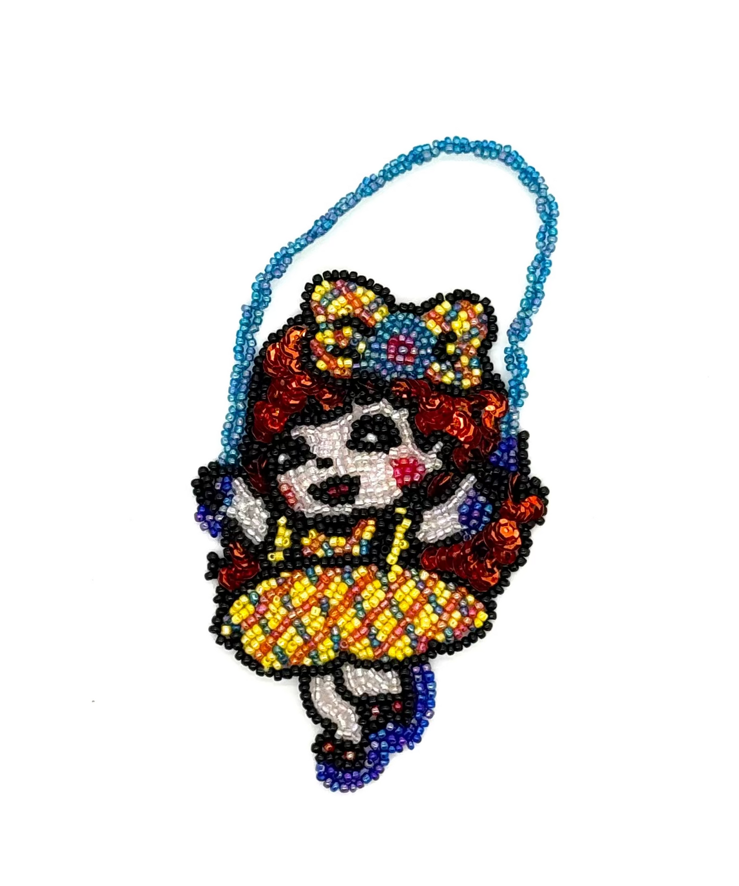 Cartoon Girl with jump rope multicolor beads and red sequins appliqué 5.5" x 2.5"
