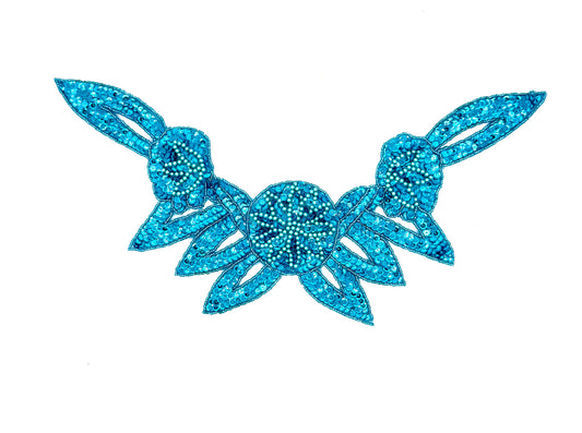 Designer Motif Flower Neckpiece - Turquoise Sequins/Beads 16" x 8"