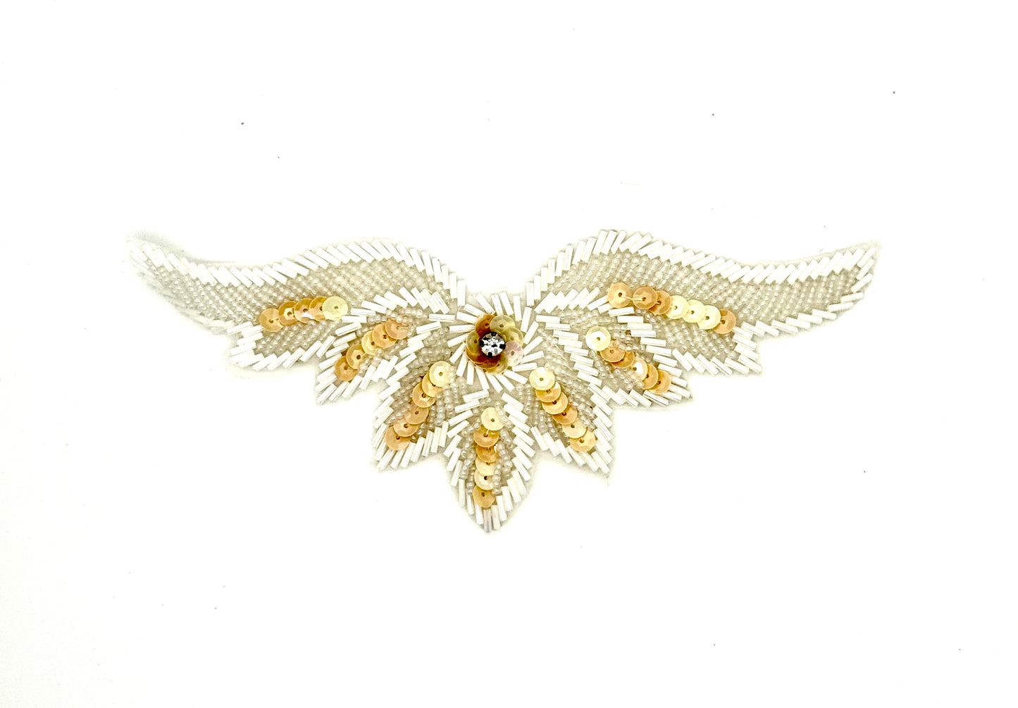 Designer Motif Wing Shaped - Beige Sequins - White Beads - Center Rhinestone 7.5" x 3"