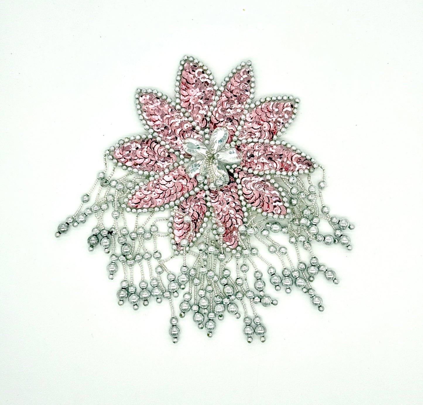 Flor de charretera - Lentejuelas rosas - Cuentas plateadas - Diamantes de imitación transparentes en forma de lágrima 20.32 cm x 13.97 cm