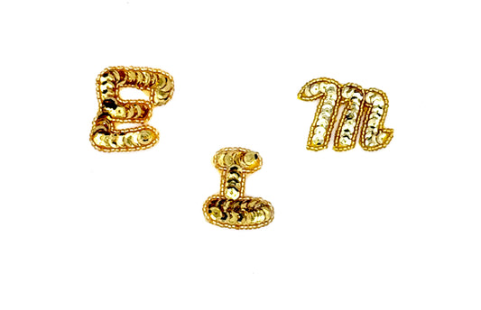 Aplique de letras de 1.5” - Lentejuelas/Cuentas doradas - A elegir entre las letras E/L/M