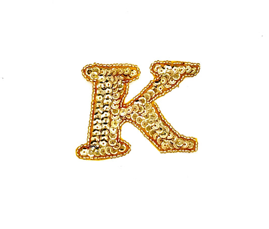 2.25” Letter K Appliqué - Gold Sequins/Beads