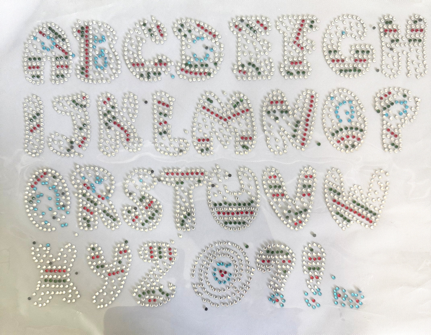 Hot Fix Letter Sheet (A-Z & Punctuation) 2" x 1.5" - Multicolored Rhinestones