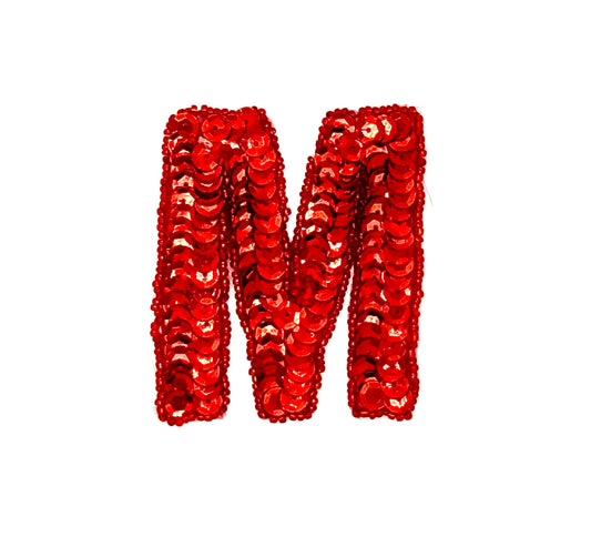 3” Letter M Appliqué - Red Sequins/Beads