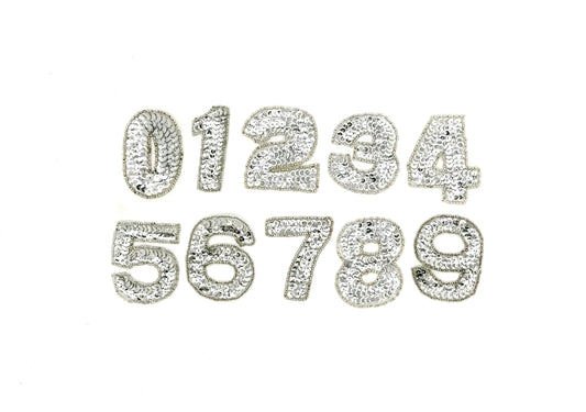 2.25” Number Appliqué - Silver Sequins/Beads - Choice of Number (0-9)