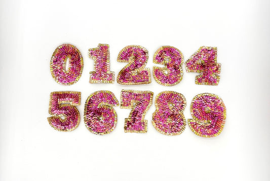 3.5” Sparkly Number Appliqué - Iridescent Fuchsia Sequins - Gold Sequin Trim