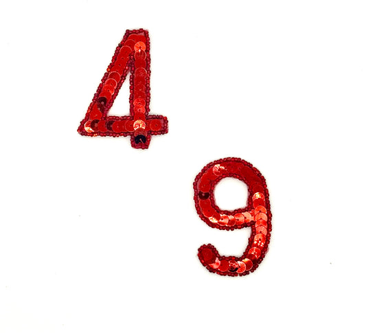 2.5” Number Appliqué -Red Sequins/Beads - Choice of Number 4 or 9