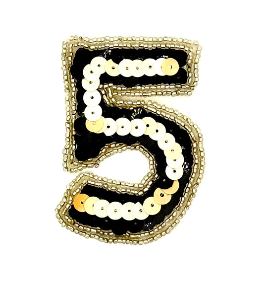 3” Number 5 Appliqué - Black/Iridescent Beige Sequins - Silver Beaded Trim