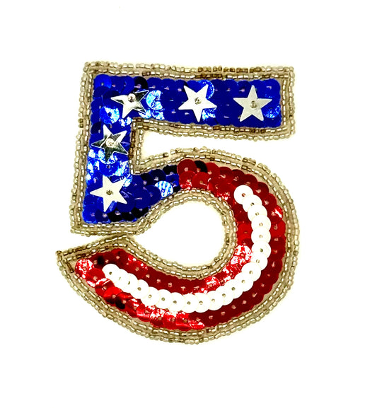 3.5” Number 5 Appliqué - American Flag Colors - Sequins/Beads