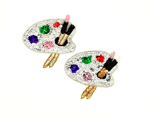 Aplicación de paleta de artista - Lentejuelas plateadas/multicolores - Elección de rosa iridiscente/cuentas rosas de 10 cm x 10 cm