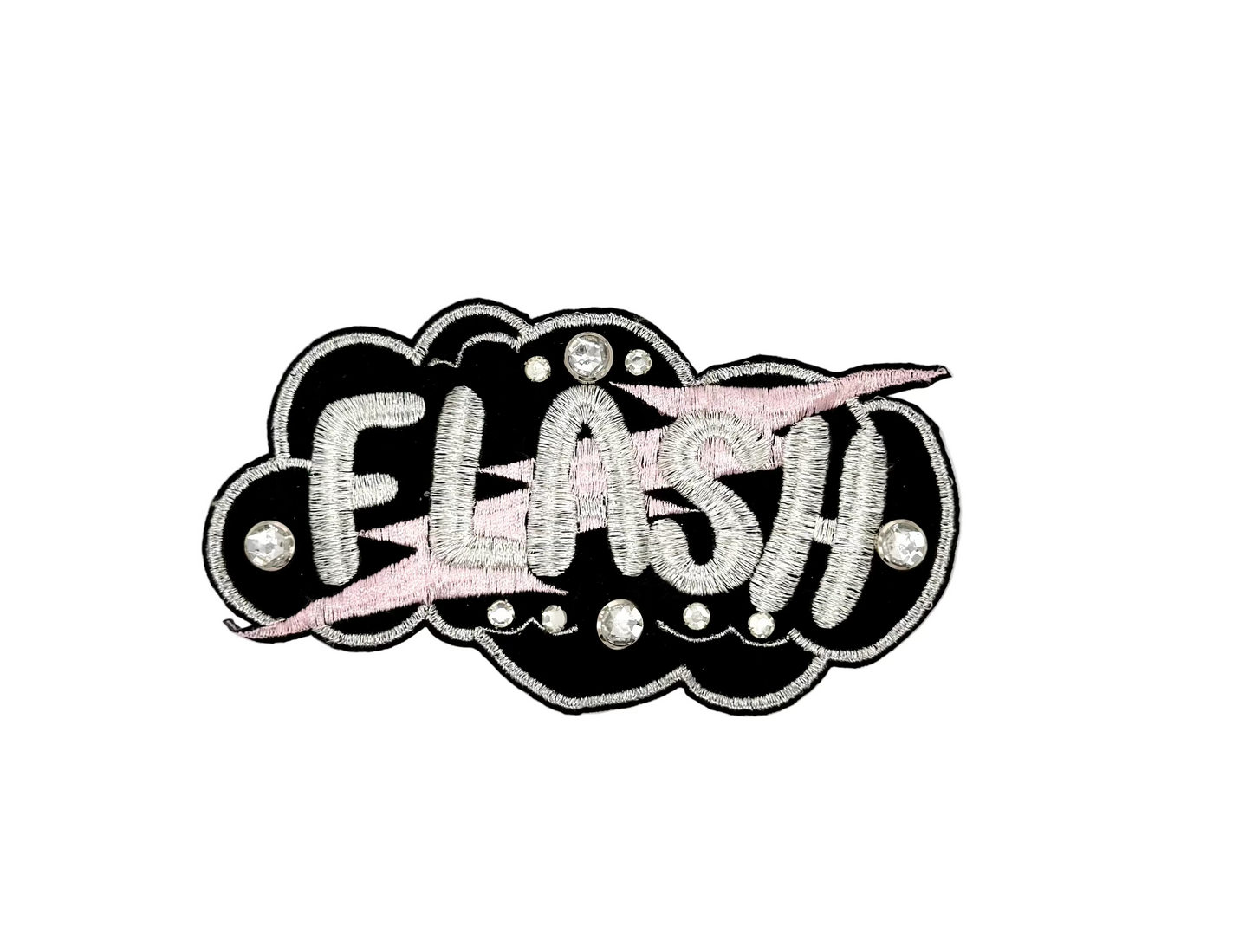 “Flash” Phrase Embroidered Appliqué Patch - Rhinestones - Choice of Pink or Red Lightning Bold 9.5”x 5”