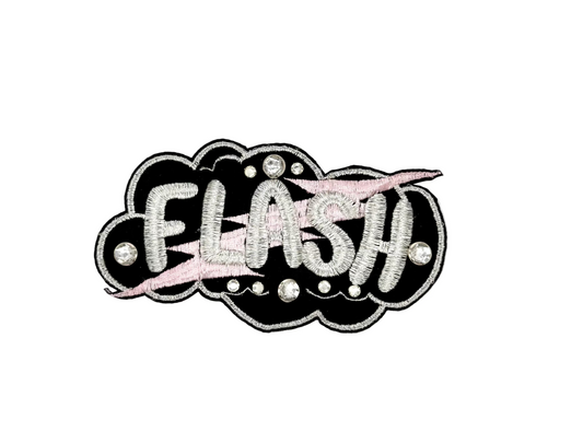Parche aplique bordado con la frase "Flash" - Pedrería - Rayo rosa o rojo a elegir 9.5"x 5"