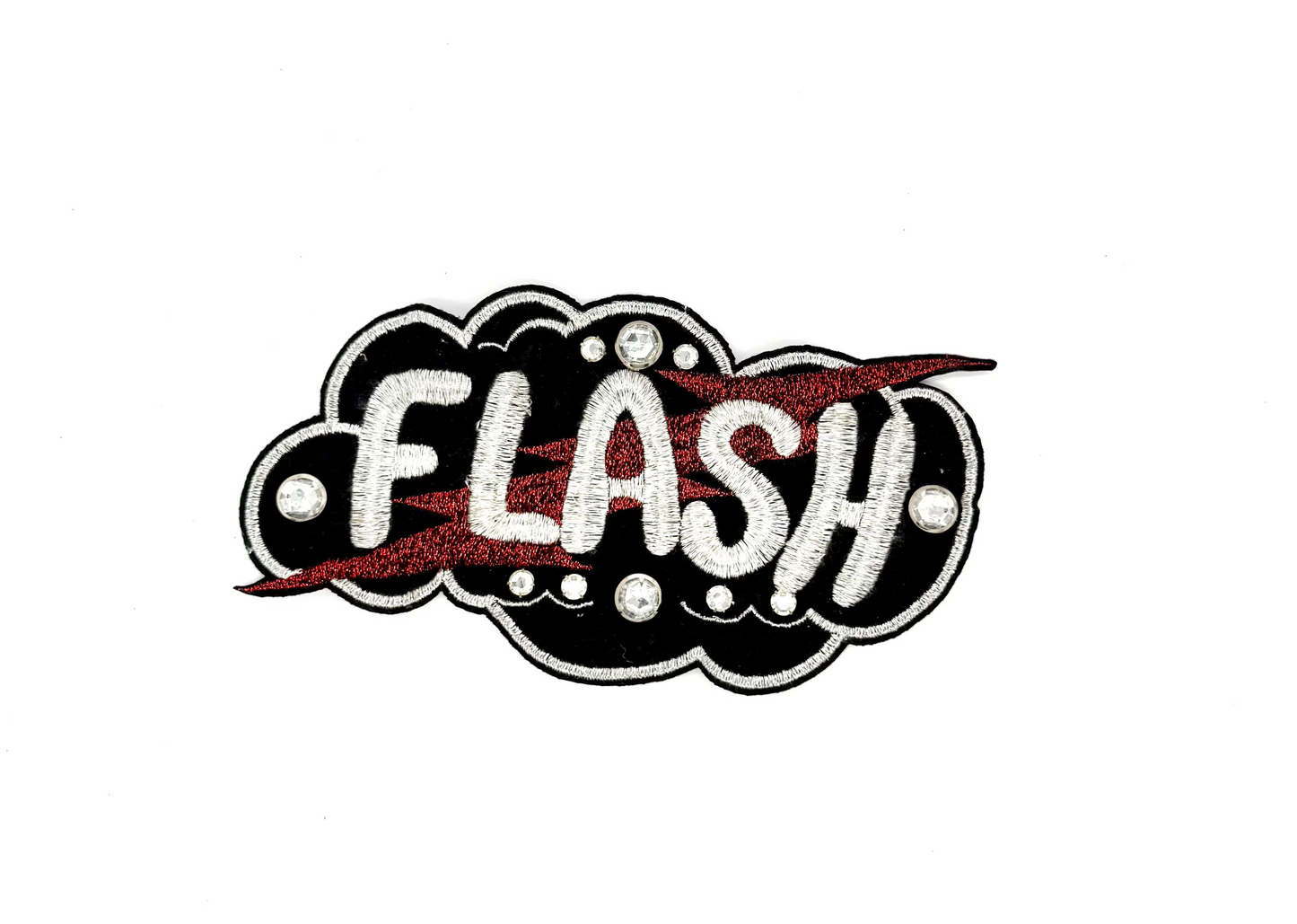 “Flash” Phrase Embroidered Appliqué Patch - Rhinestones - Choice of Pink or Red Lightning Bold 9.5”x 5”